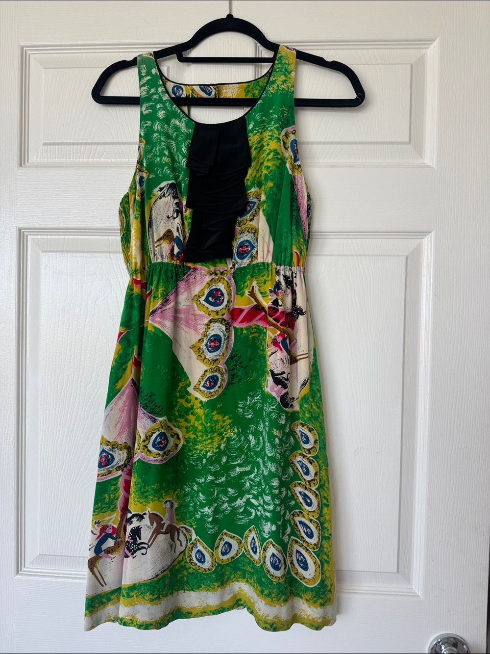 Moulinette Soeurs 💯 Silk Green Printed Sleeveless Dress with Black Ruffle